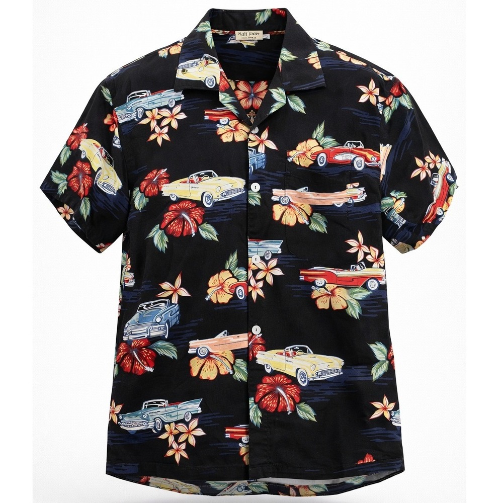 Matt Rider Hawaiian Shirt Men M Black Classic Car Hibiscus Retro Camp Button Up